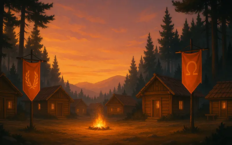 Illustration of Camp Half-Blood cabins during twilight, symbolizing the start of Season 2